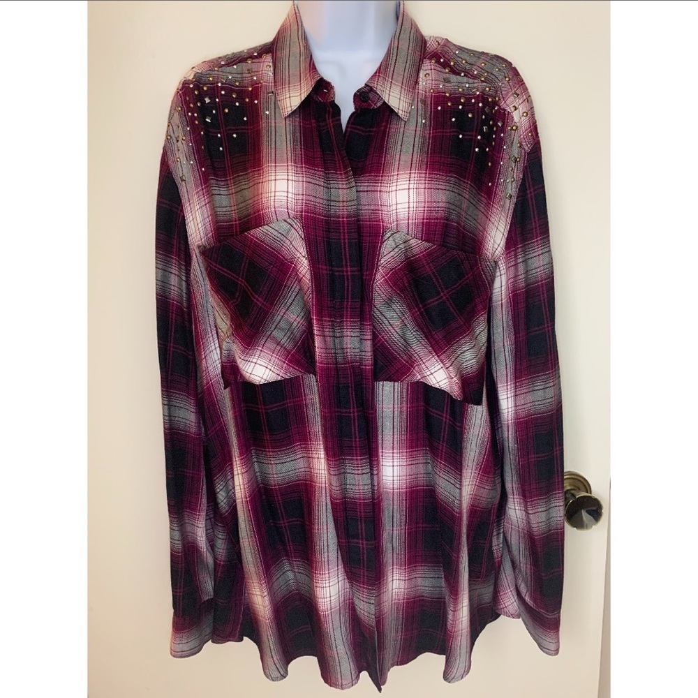 Express studded shoulder button up flannel blouse (large)